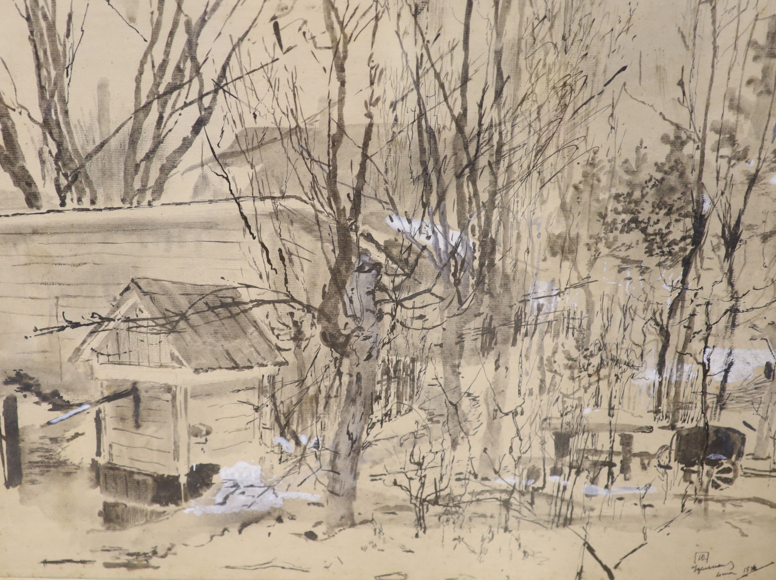 Modern British, pen and ink, abstract, inscribed ‘to Sergei from Harold’, 33 x24cm. A charcoal study street scene, a watercolour woodland scene and a 19th century landscape.